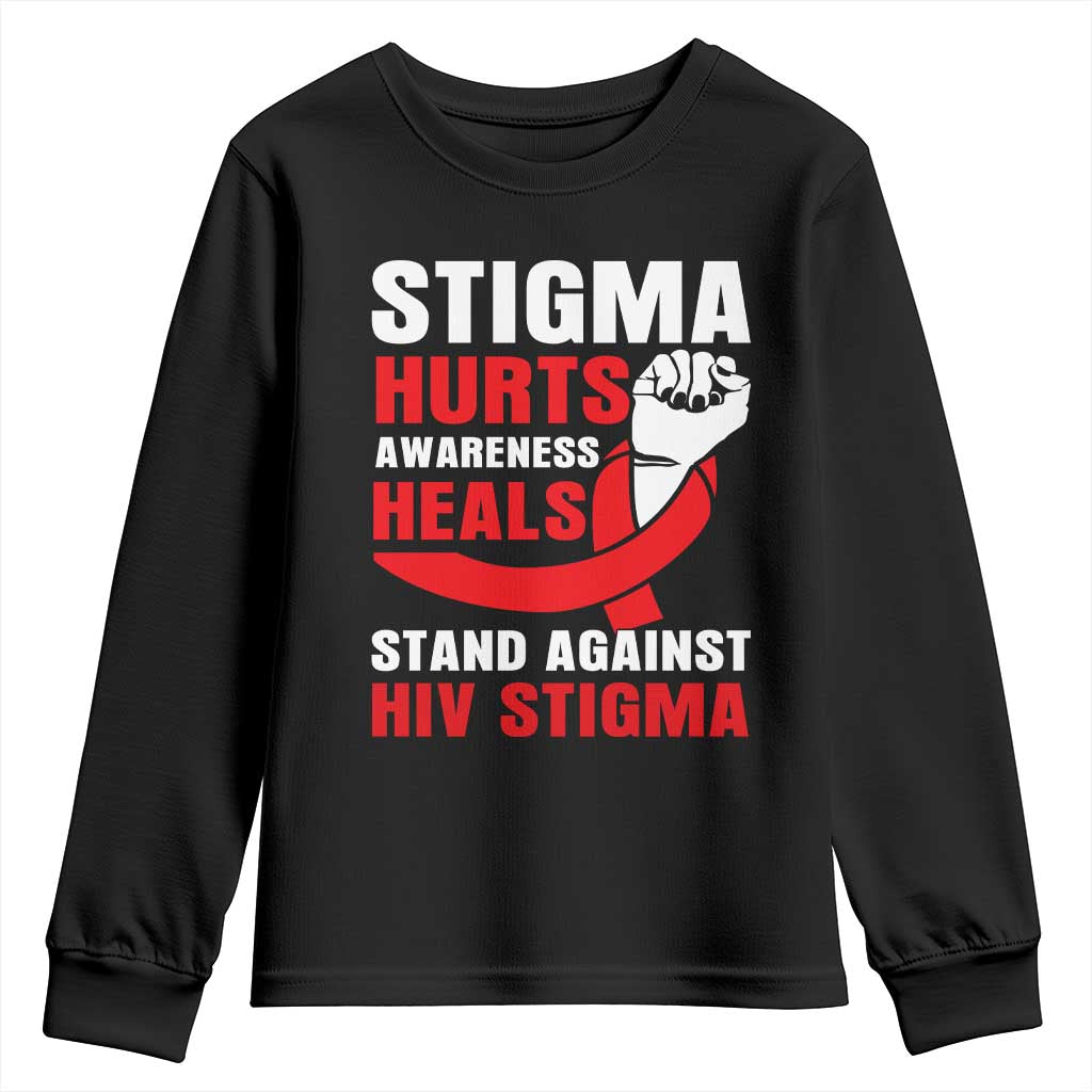 Stigma Hurts Awareness Heals Youth Sweatshirt HIV Awareness Red Ribbon Support Gift - Wonder Print Shop