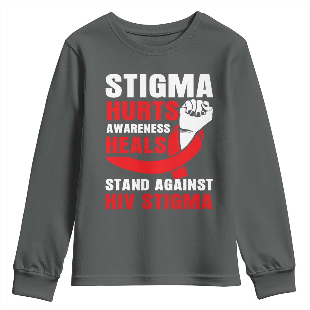 Stigma Hurts Awareness Heals Youth Sweatshirt HIV Awareness Red Ribbon Support Gift - Wonder Print Shop