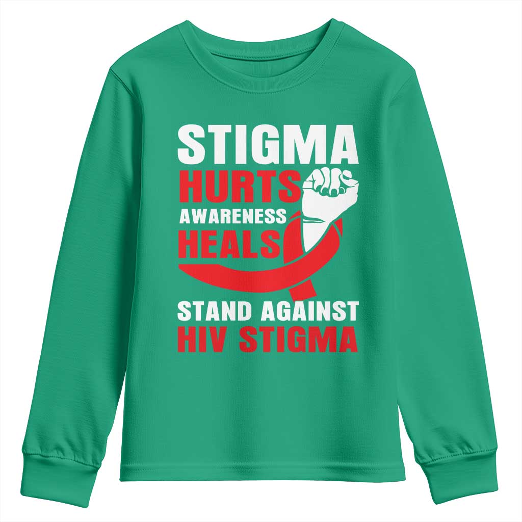 Stigma Hurts Awareness Heals Youth Sweatshirt HIV Awareness Red Ribbon Support Gift - Wonder Print Shop