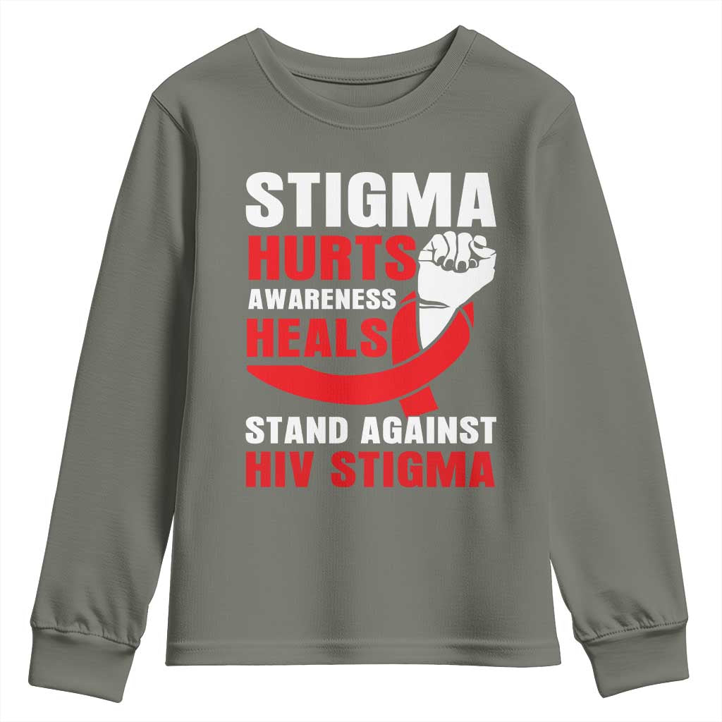 Stigma Hurts Awareness Heals Youth Sweatshirt HIV Awareness Red Ribbon Support Gift - Wonder Print Shop