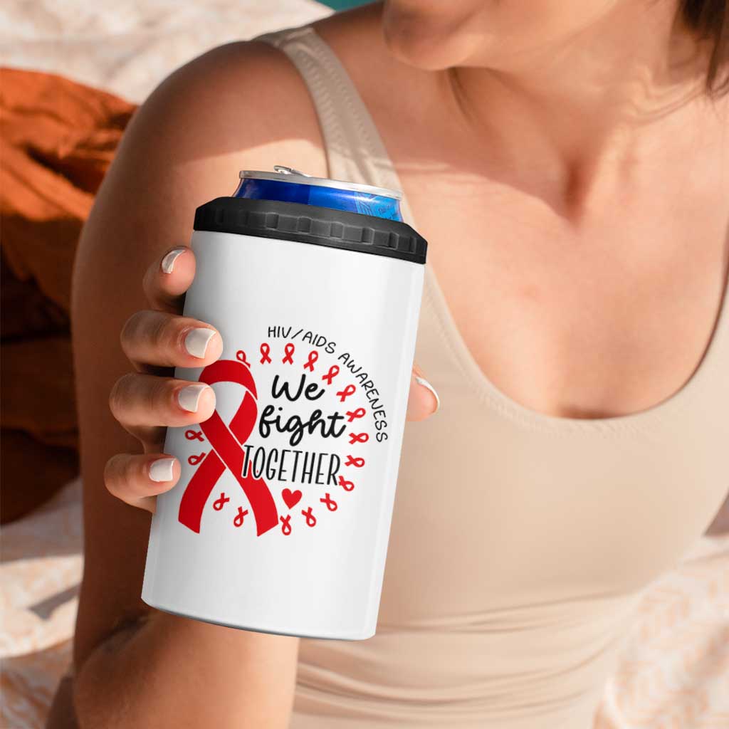 HIV Awareness Red Ribbon Support Gift 4 in 1 Can Cooler Tumbler We Fight Together - Wonder Print Shop