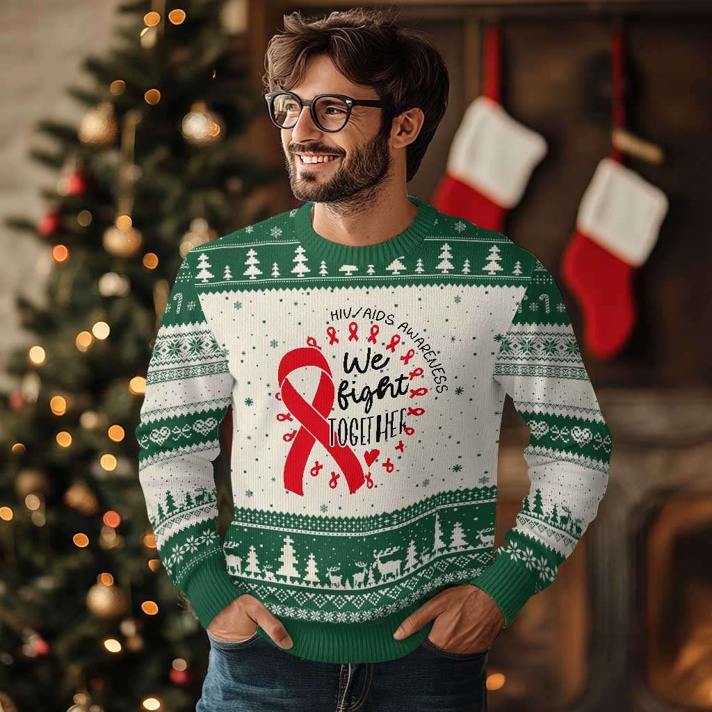 HIV Awareness Red Ribbon Support Gift Ugly Christmas Sweater We Fight Together - Wonder Print Shop