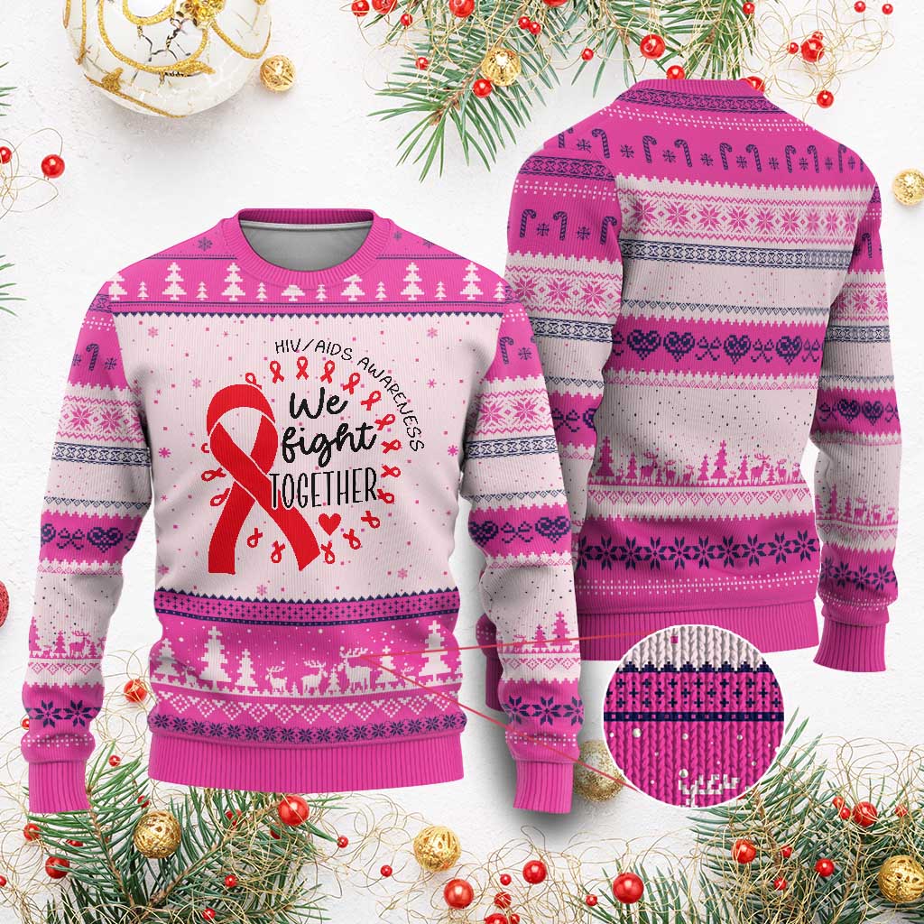 HIV Awareness Red Ribbon Support Gift Ugly Christmas Sweater We Fight Together - Wonder Print Shop