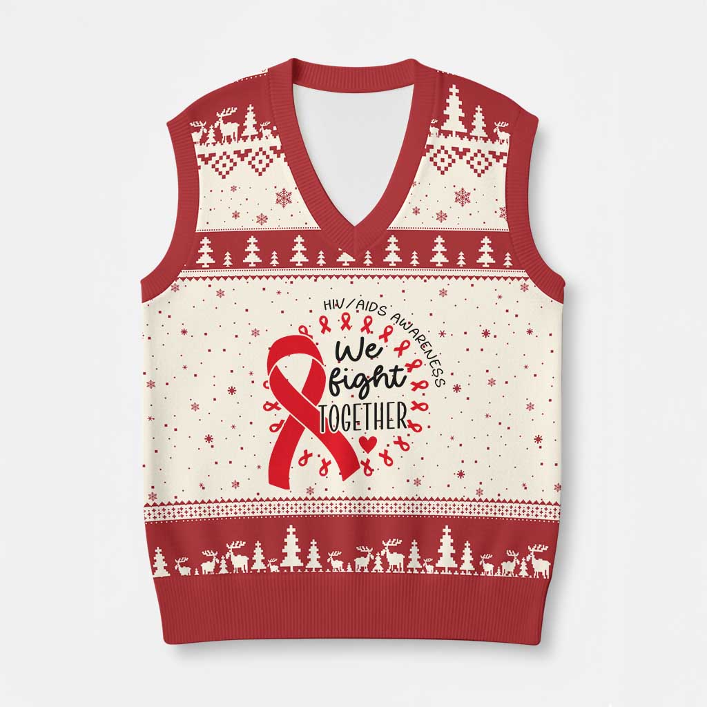 HIV Awareness Red Ribbon Support Gift V-Neck Knit Sweater Vest We Fight Together - Wonder Print Shop