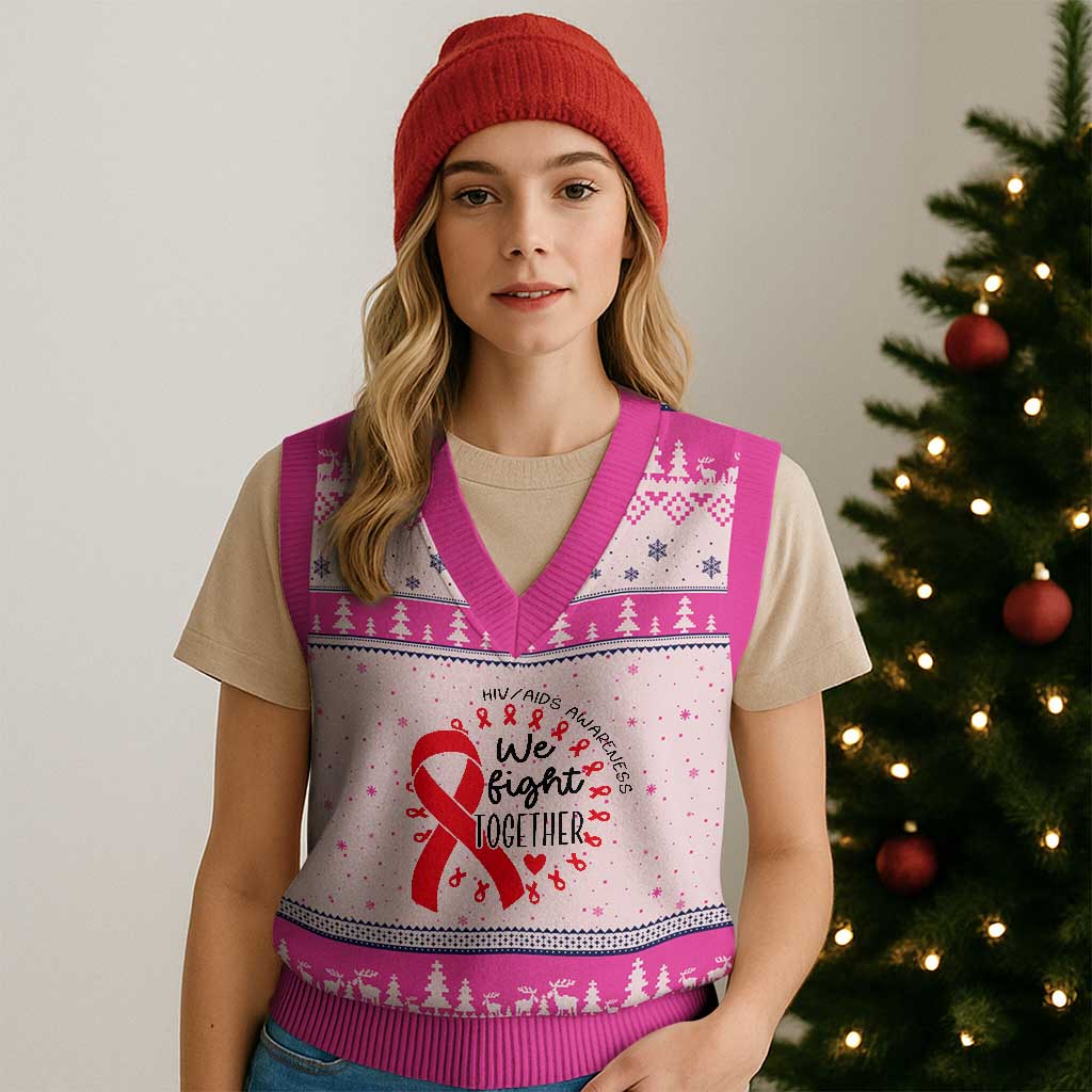 HIV Awareness Red Ribbon Support Gift V-Neck Knit Sweater Vest We Fight Together - Wonder Print Shop