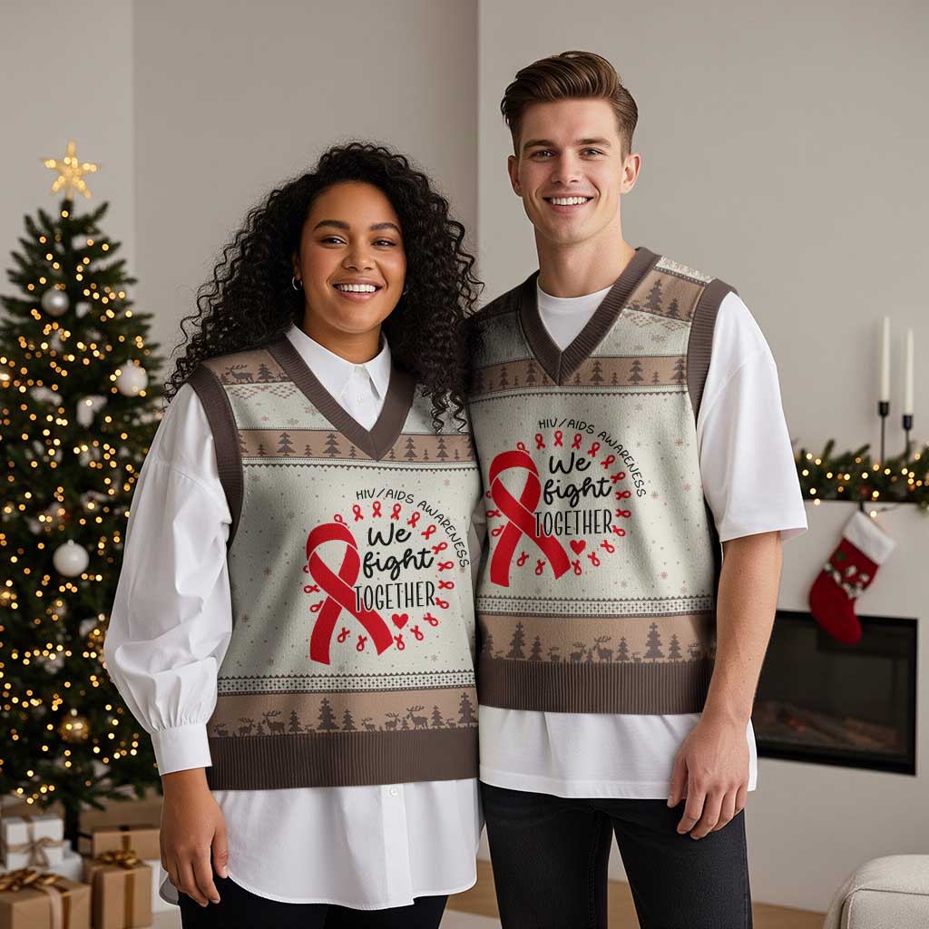 HIV Awareness Red Ribbon Support Gift V-Neck Knit Sweater Vest We Fight Together - Wonder Print Shop