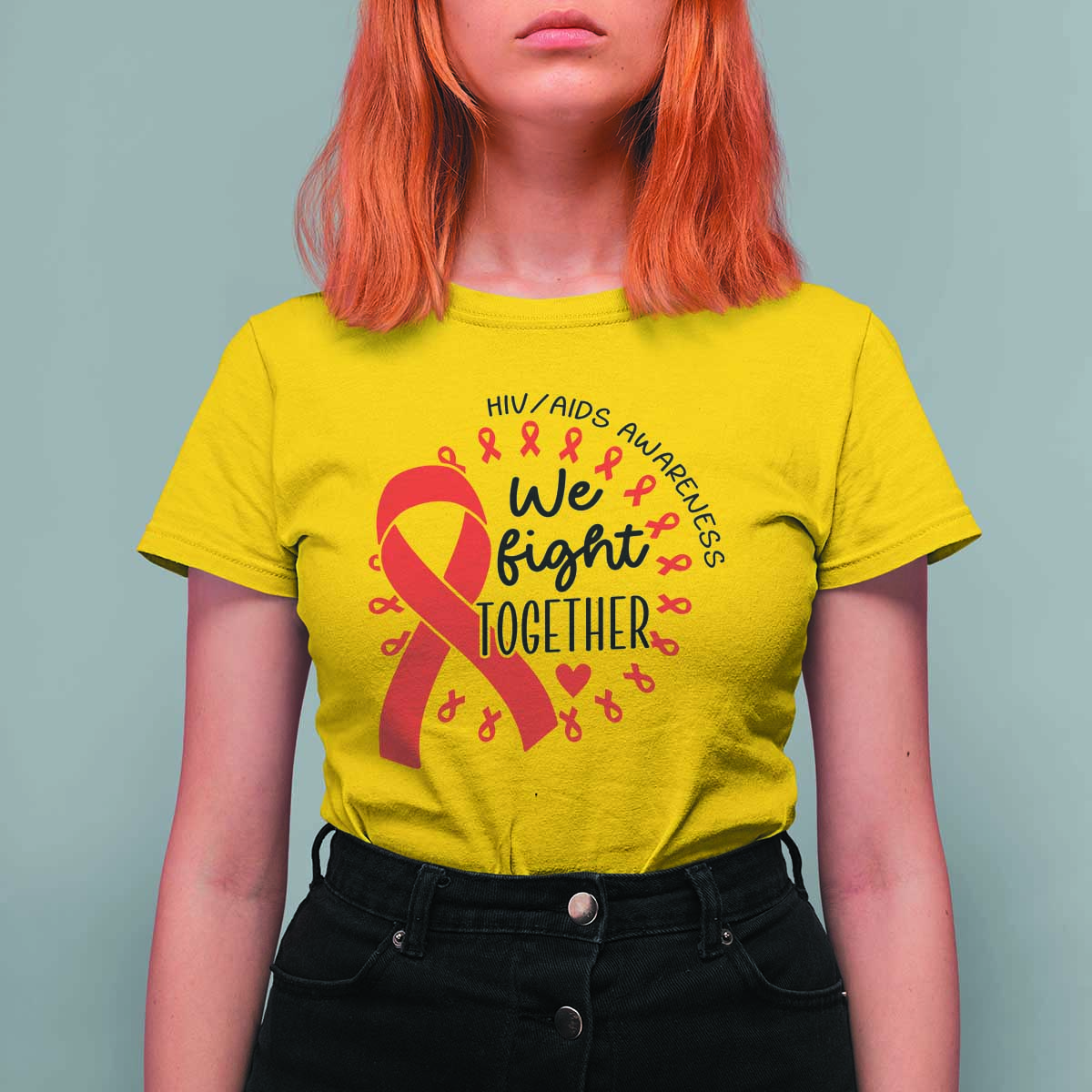 HIV Awareness Red Ribbon Support Gift T Shirt For Women We Fight Together - Wonder Print Shop