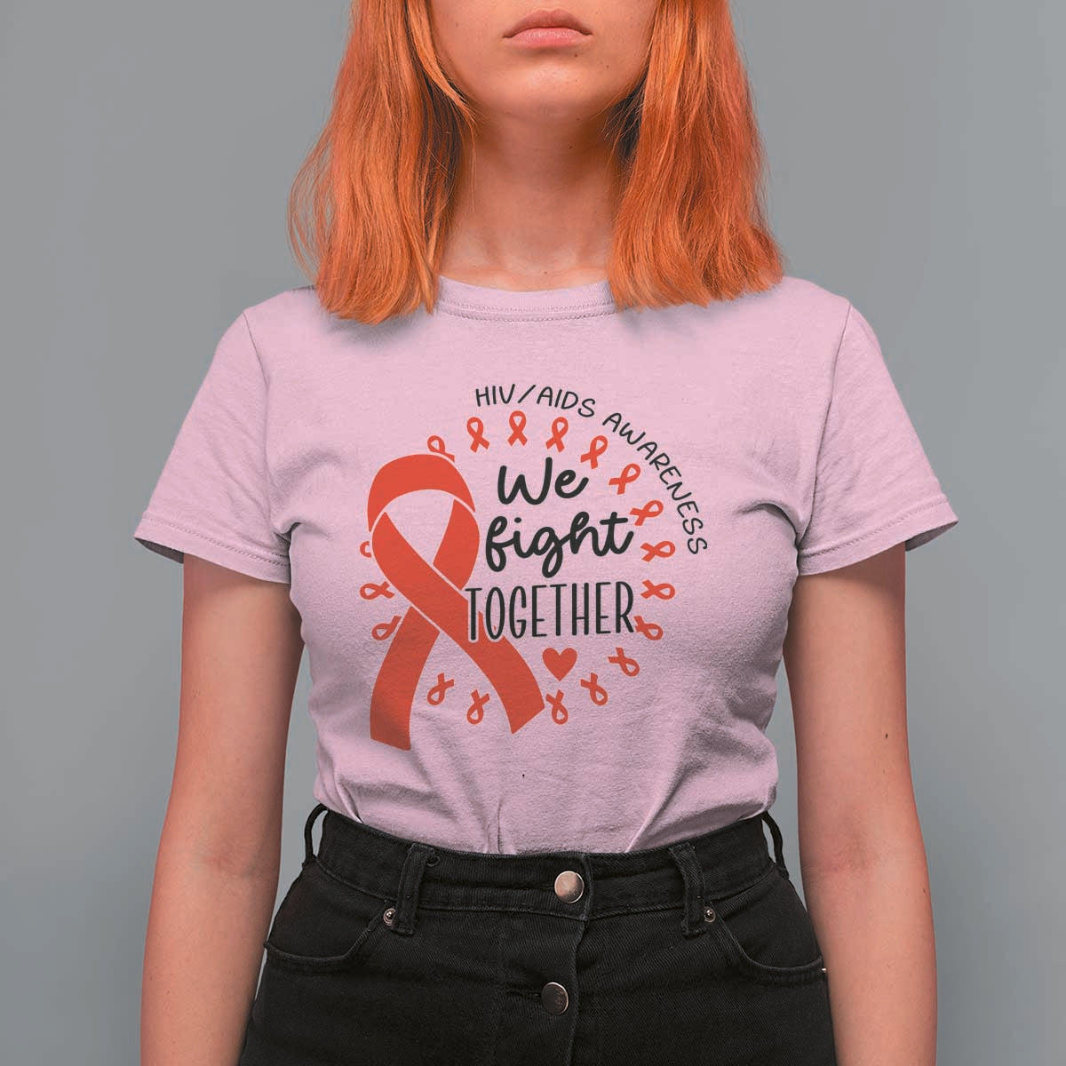 HIV Awareness Red Ribbon Support Gift T Shirt For Women We Fight Together - Wonder Print Shop