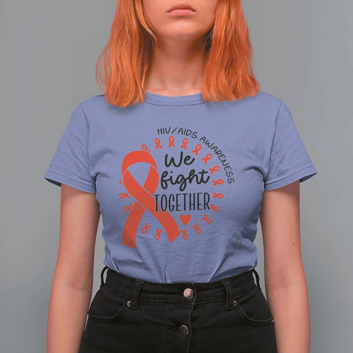HIV Awareness Red Ribbon Support Gift T Shirt For Women We Fight Together - Wonder Print Shop