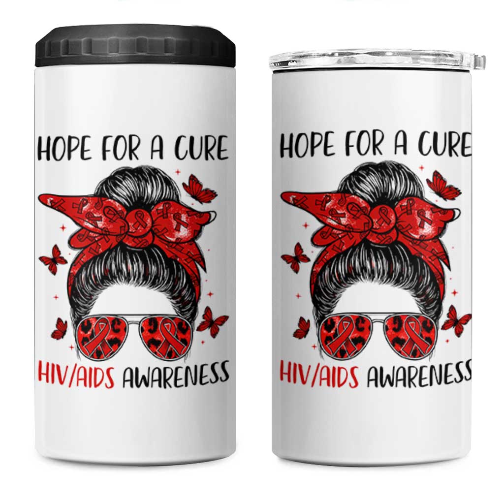 Hope For A Cure HIV Awareness 4 in 1 Can Cooler Tumbler Strong Woman Red Ribbon Gift - Wonder Print Shop