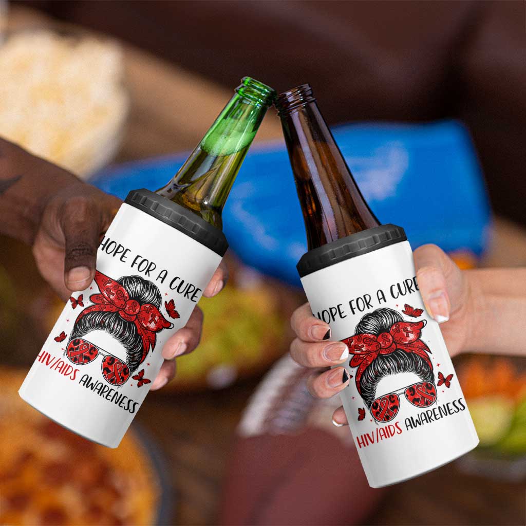 Hope For A Cure HIV Awareness 4 in 1 Can Cooler Tumbler Strong Woman Red Ribbon Gift - Wonder Print Shop