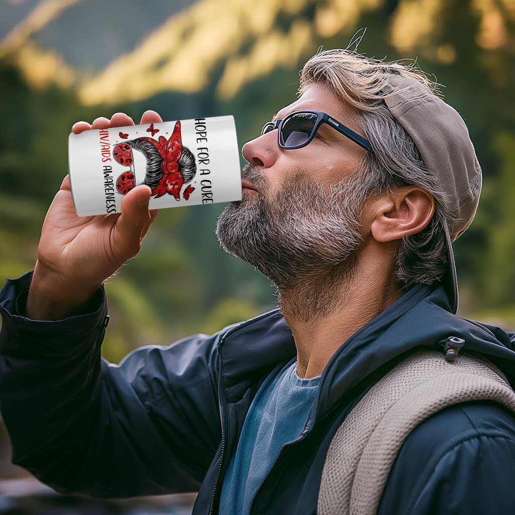 Hope For A Cure HIV Awareness 4 in 1 Can Cooler Tumbler Strong Woman Red Ribbon Gift - Wonder Print Shop