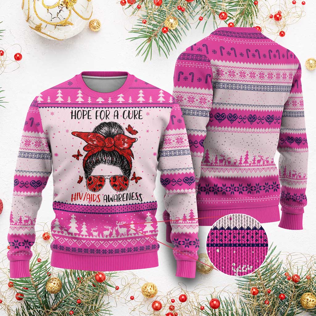 Hope For A Cure HIV Awareness Ugly Christmas Sweater Strong Woman Red Ribbon Gift - Wonder Print Shop