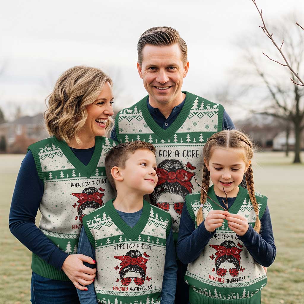 Hope For A Cure HIV Awareness V-Neck Knit Sweater Vest Strong Woman Red Ribbon Gift - Wonder Print Shop