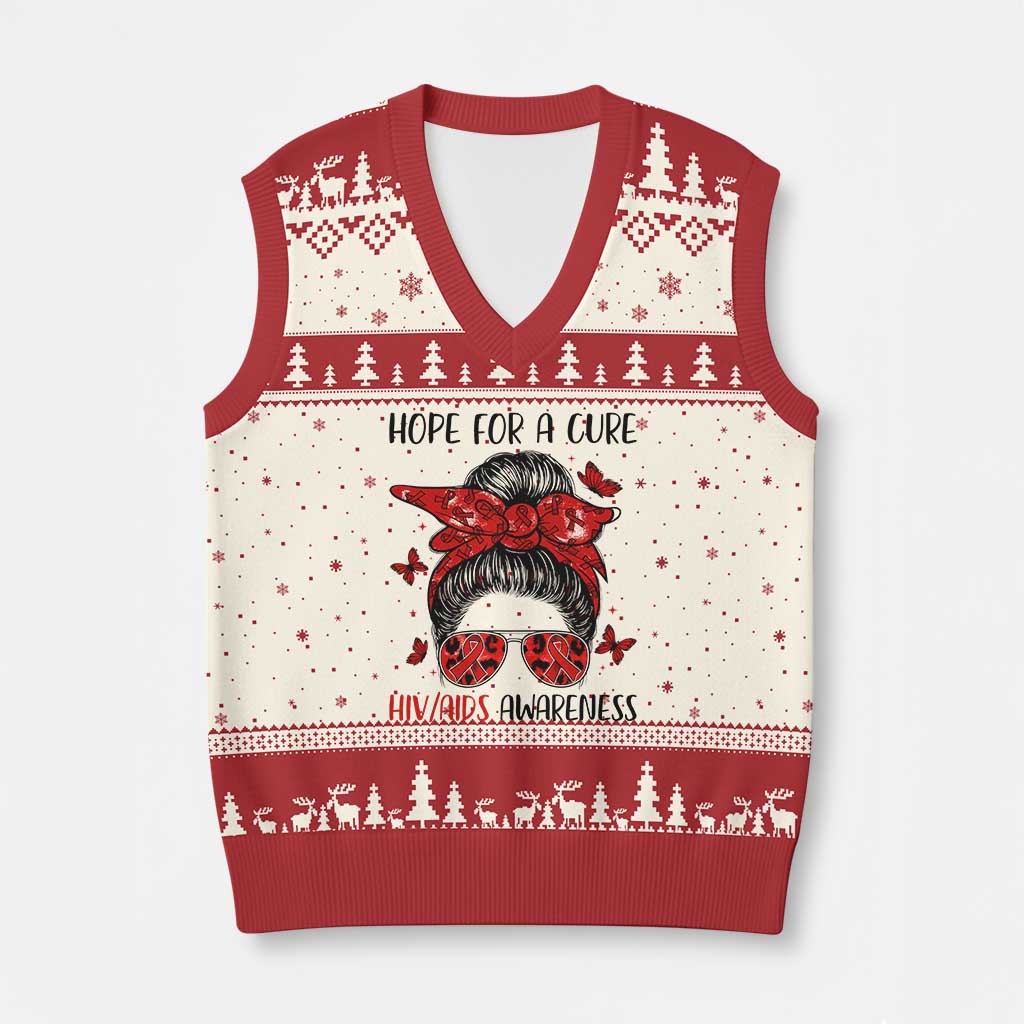 Hope For A Cure HIV Awareness V-Neck Knit Sweater Vest Strong Woman Red Ribbon Gift - Wonder Print Shop