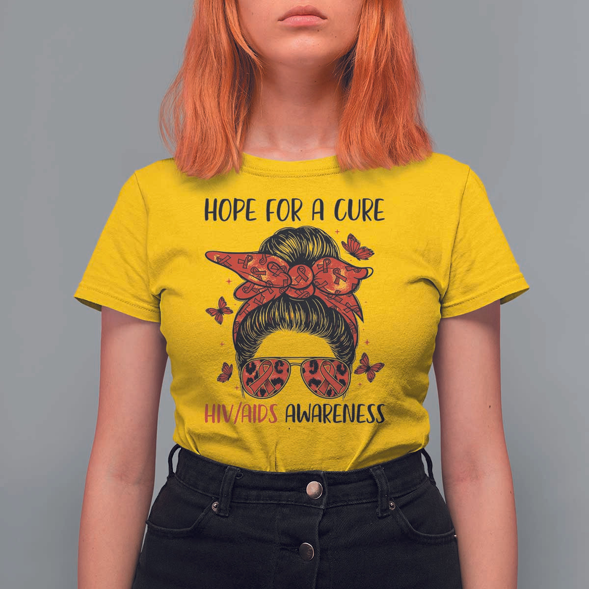 Hope For A Cure HIV Awareness T Shirt For Women Strong Woman Red Ribbon Gift - Wonder Print Shop