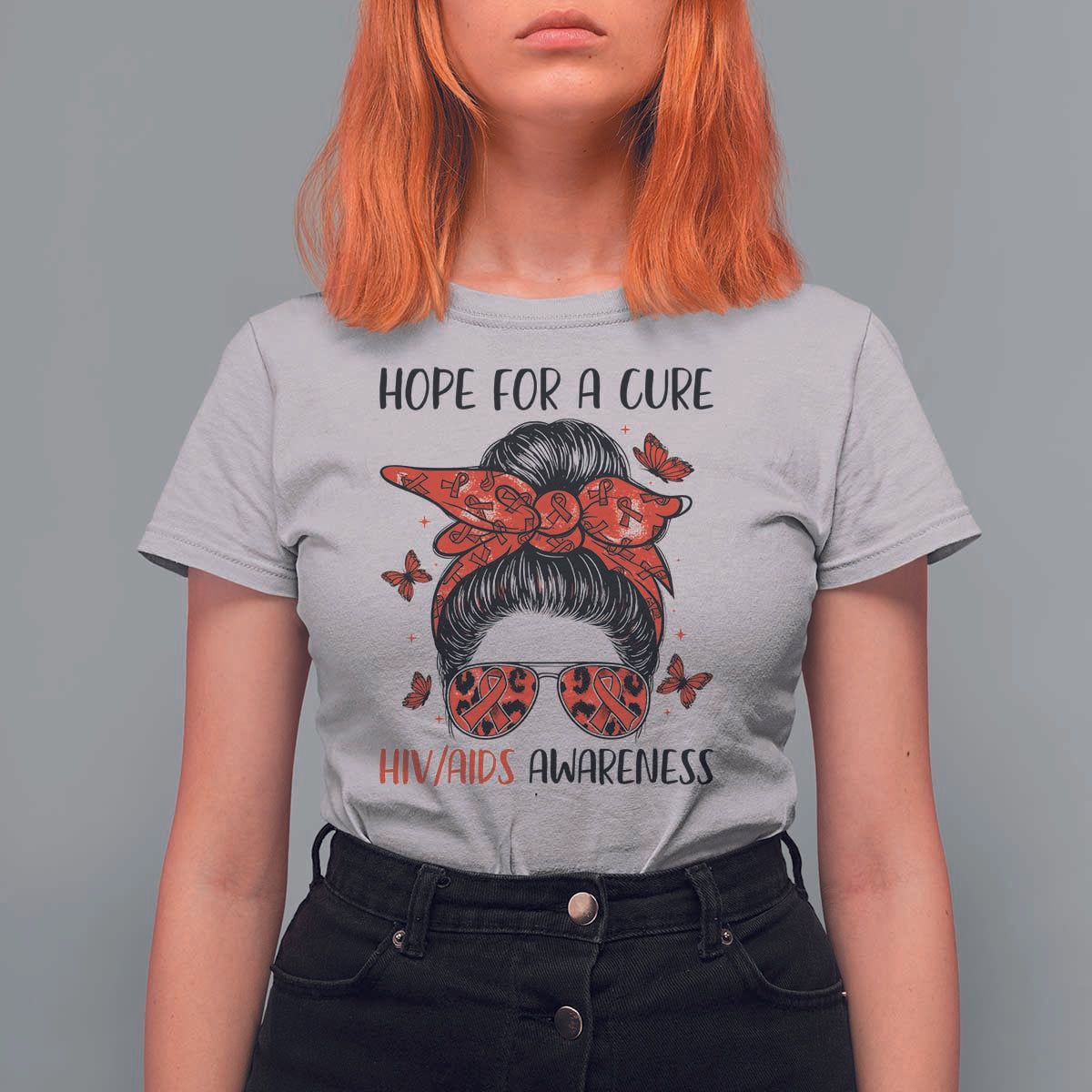 Hope For A Cure HIV Awareness T Shirt For Women Strong Woman Red Ribbon Gift - Wonder Print Shop