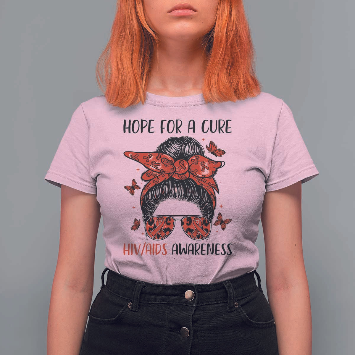 Hope For A Cure HIV Awareness T Shirt For Women Strong Woman Red Ribbon Gift - Wonder Print Shop