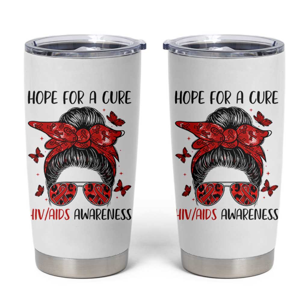 Hope For A Cure HIV Awareness Tumbler Cup Strong Woman Red Ribbon Gift - Wonder Print Shop
