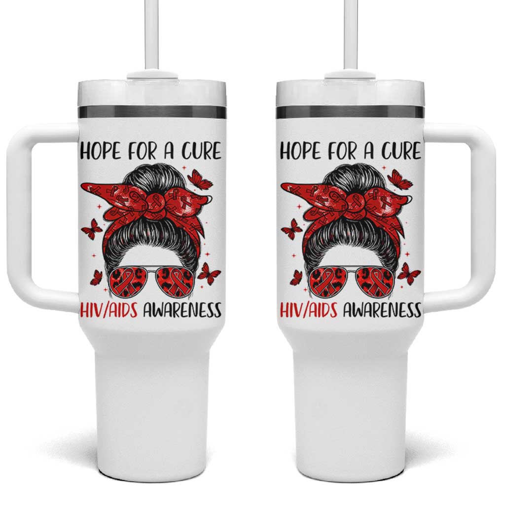 Hope For A Cure HIV Awareness Tumbler With Handle Strong Woman Red Ribbon Gift - Wonder Print Shop