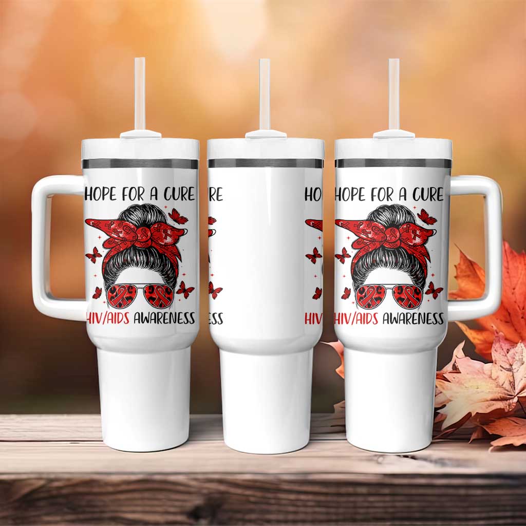 Hope For A Cure HIV Awareness Tumbler With Handle Strong Woman Red Ribbon Gift - Wonder Print Shop