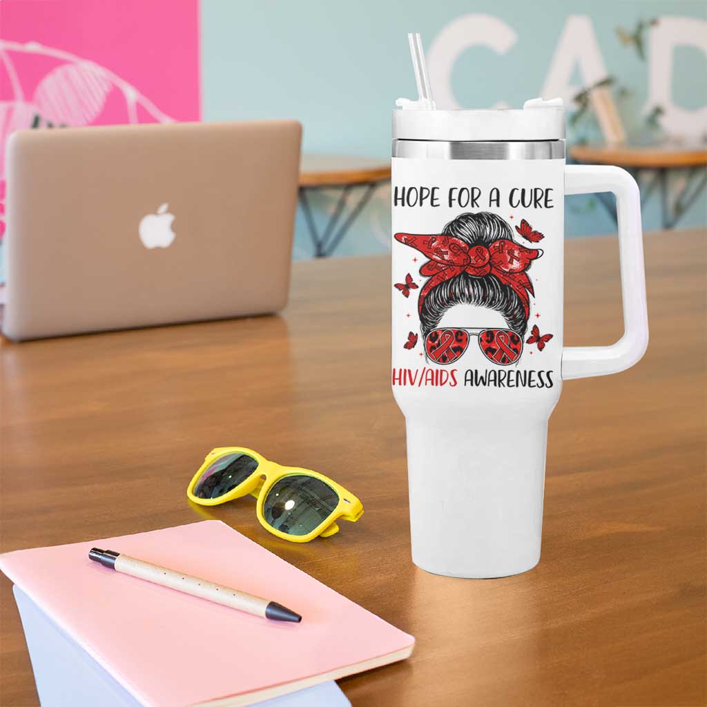 Hope For A Cure HIV Awareness Tumbler With Handle Strong Woman Red Ribbon Gift - Wonder Print Shop