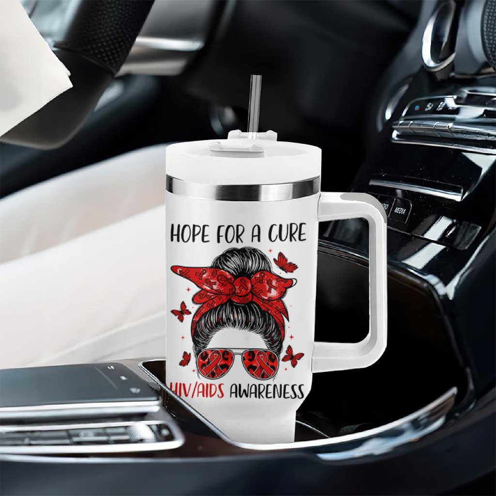 Hope For A Cure HIV Awareness Tumbler With Handle Strong Woman Red Ribbon Gift - Wonder Print Shop
