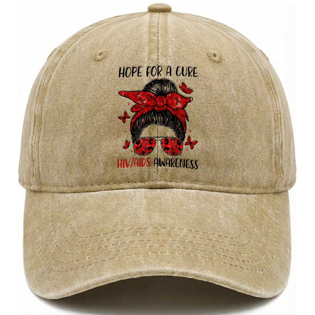 Hope For A Cure HIV Awareness Washed Cotton Baseball Cap Strong Woman Red Ribbon Gift