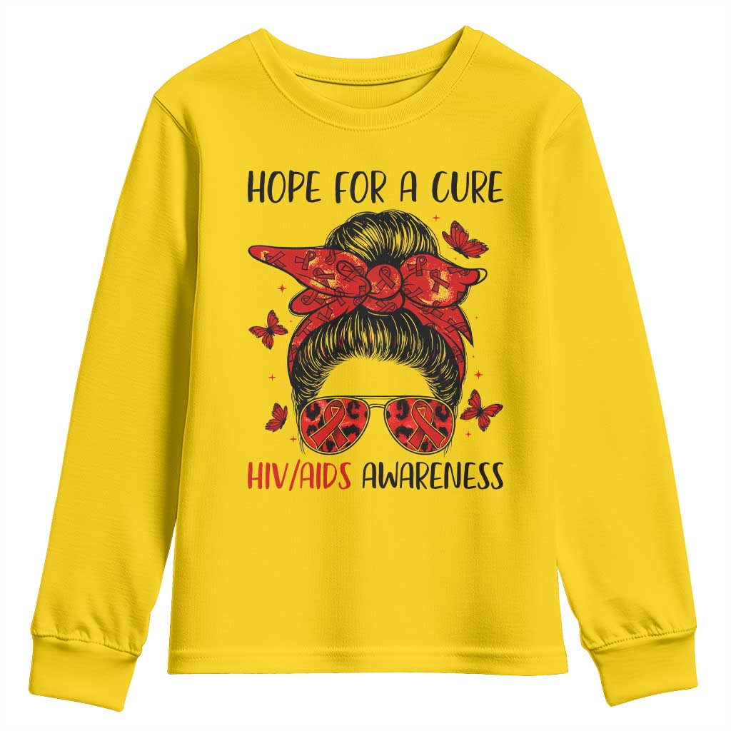Hope For A Cure HIV Awareness Youth Sweatshirt Strong Woman Red Ribbon Gift - Wonder Print Shop