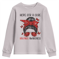 Hope For A Cure HIV Awareness Youth Sweatshirt Strong Woman Red Ribbon Gift - Wonder Print Shop