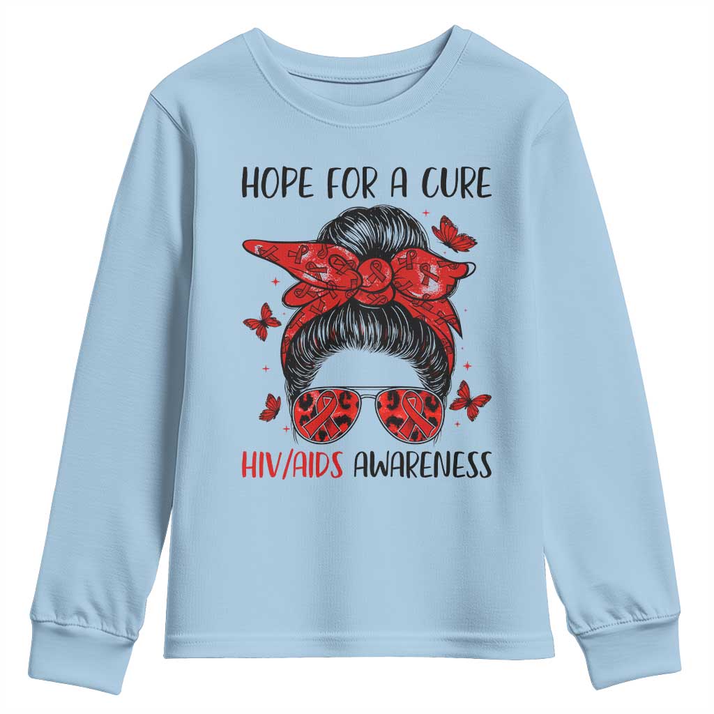 Hope For A Cure HIV Awareness Youth Sweatshirt Strong Woman Red Ribbon Gift - Wonder Print Shop