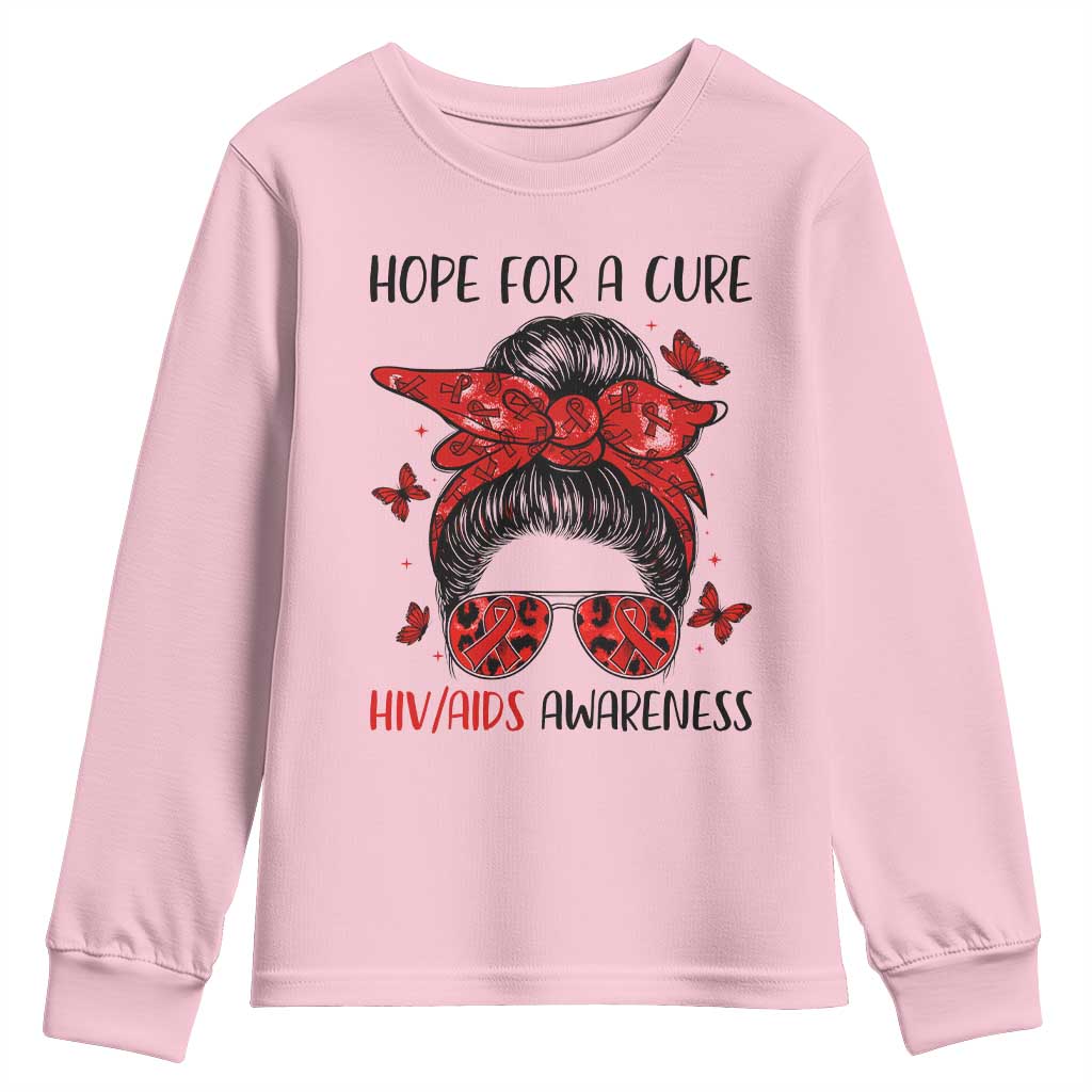 Hope For A Cure HIV Awareness Youth Sweatshirt Strong Woman Red Ribbon Gift - Wonder Print Shop
