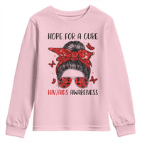 Hope For A Cure HIV Awareness Youth Sweatshirt Strong Woman Red Ribbon Gift - Wonder Print Shop