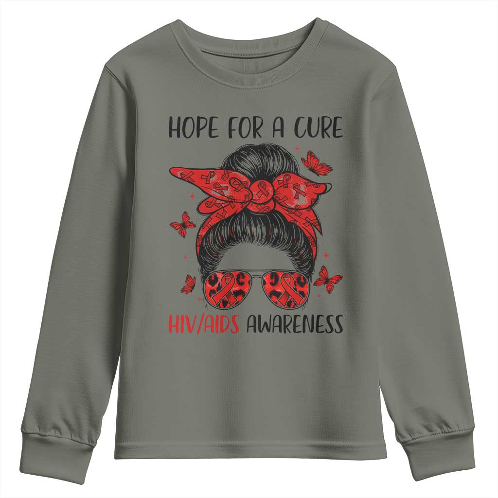Hope For A Cure HIV Awareness Youth Sweatshirt Strong Woman Red Ribbon Gift - Wonder Print Shop
