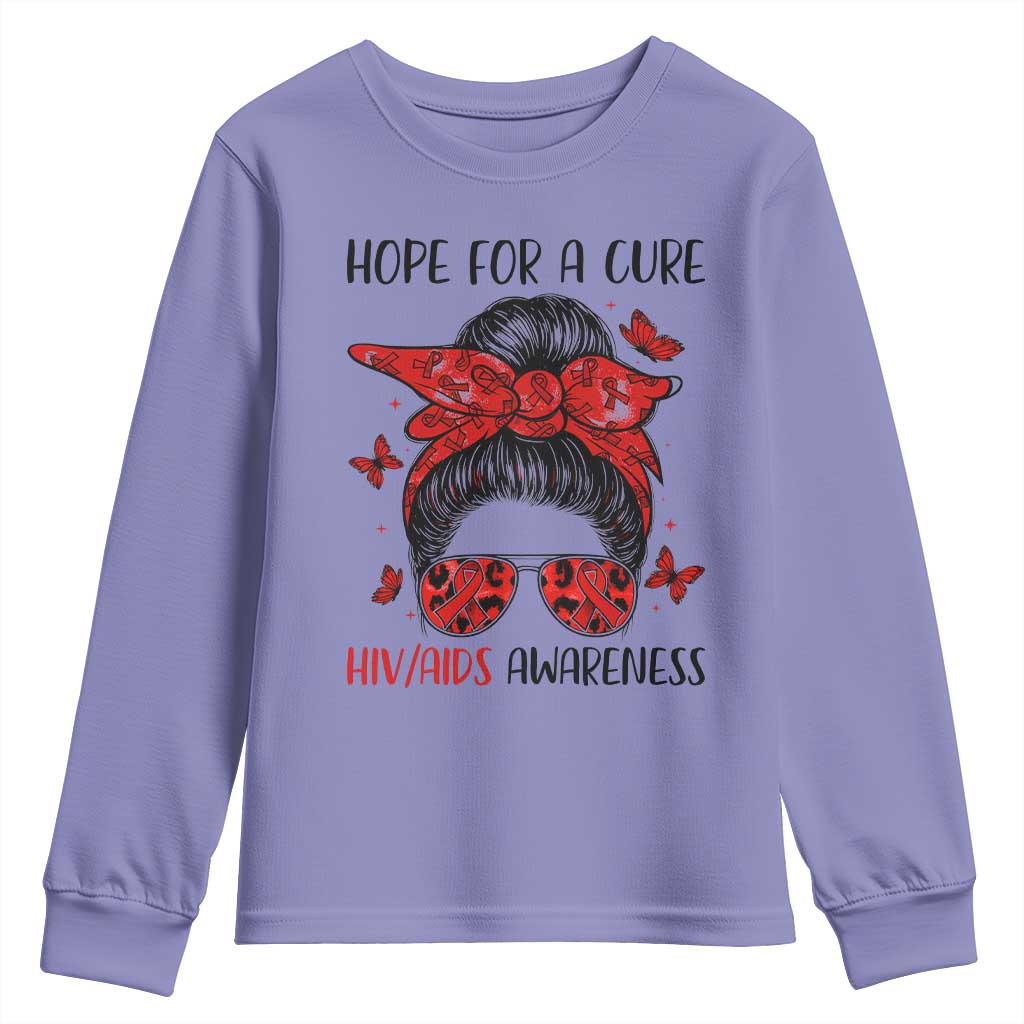 Hope For A Cure HIV Awareness Youth Sweatshirt Strong Woman Red Ribbon Gift - Wonder Print Shop