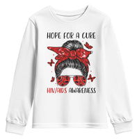 Hope For A Cure HIV Awareness Youth Sweatshirt Strong Woman Red Ribbon Gift - Wonder Print Shop