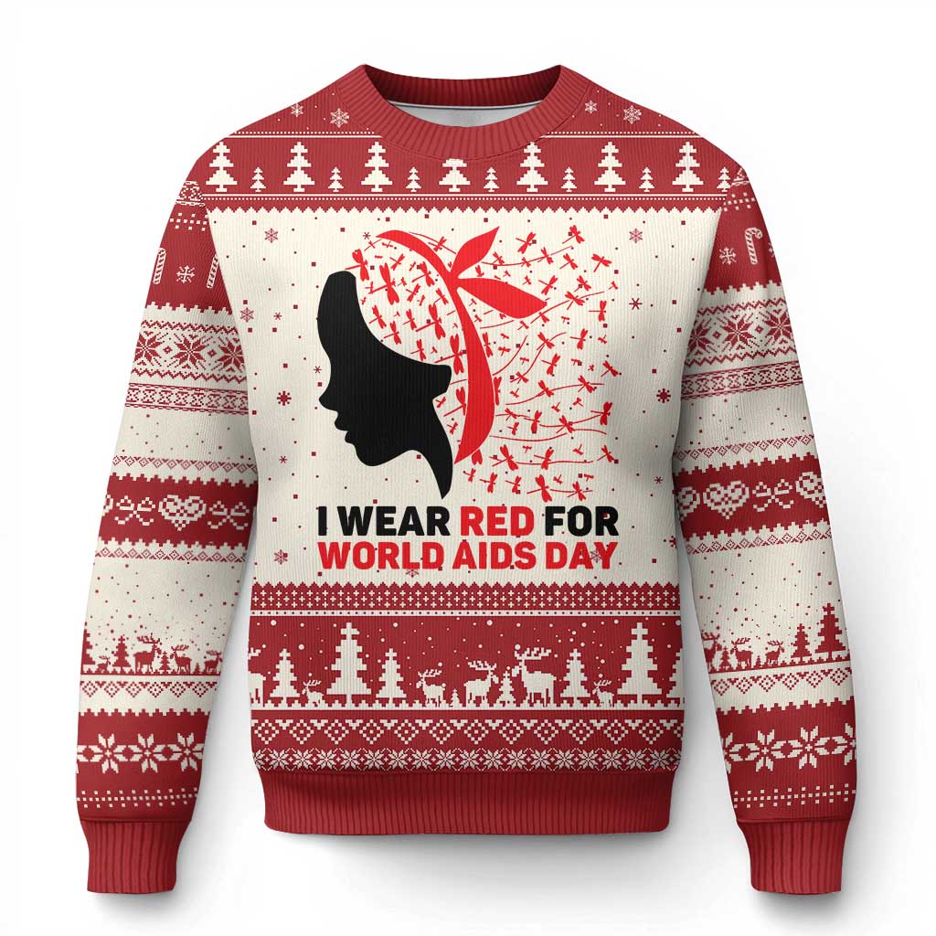 I Wear Red For World AIDS Day Ugly Christmas Sweater HIV Awareness Dragonfly Support Gift - Wonder Print Shop