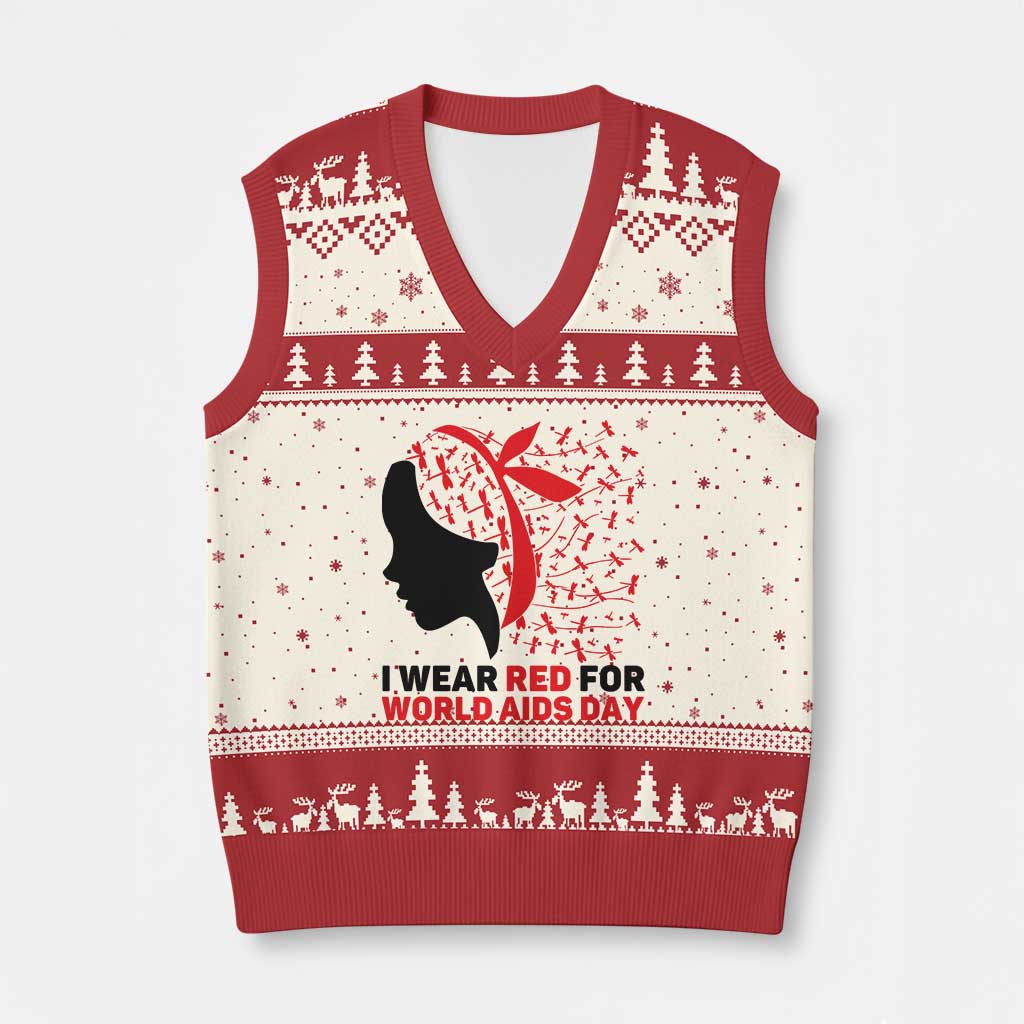 I Wear Red For World AIDS Day V-Neck Knit Sweater Vest HIV Awareness Dragonfly Support Gift - Wonder Print Shop
