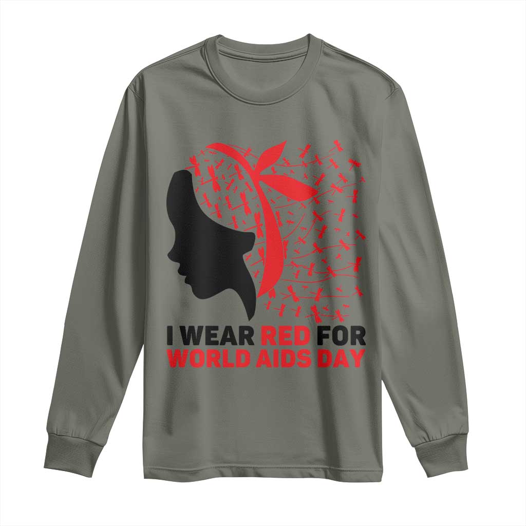 I Wear Red For World AIDS Day Long Sleeve Shirt HIV Awareness Dragonfly Support Gift - Wonder Print Shop