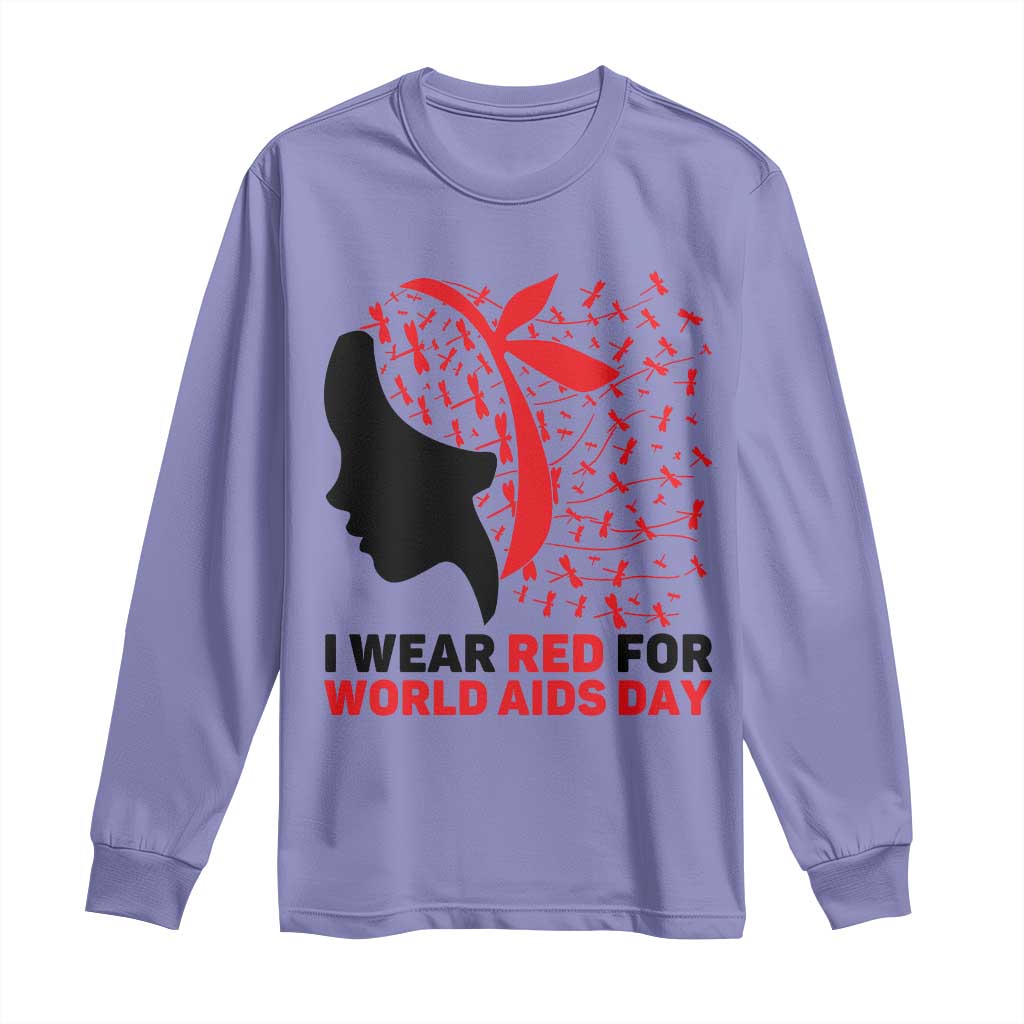 I Wear Red For World AIDS Day Long Sleeve Shirt HIV Awareness Dragonfly Support Gift - Wonder Print Shop