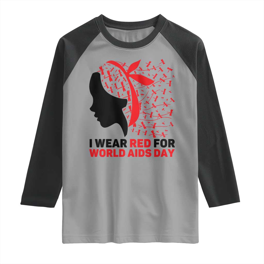 I Wear Red For World AIDS Day Raglan Shirt HIV Awareness Dragonfly Support Gift - Wonder Print Shop