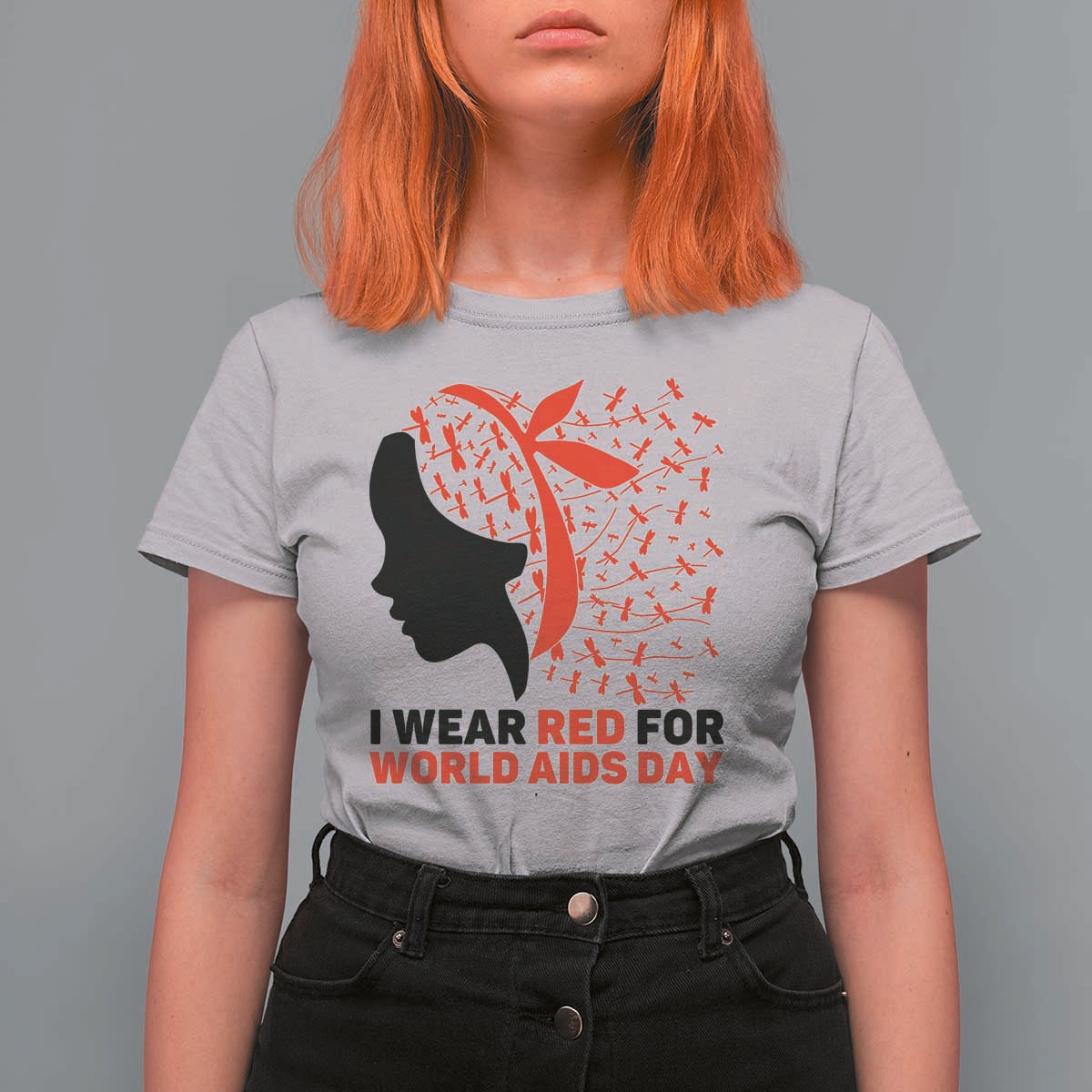 I Wear Red For World AIDS Day T Shirt For Women HIV Awareness Dragonfly Support Gift - Wonder Print Shop