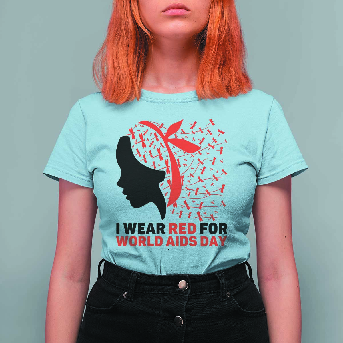 I Wear Red For World AIDS Day T Shirt For Women HIV Awareness Dragonfly Support Gift - Wonder Print Shop