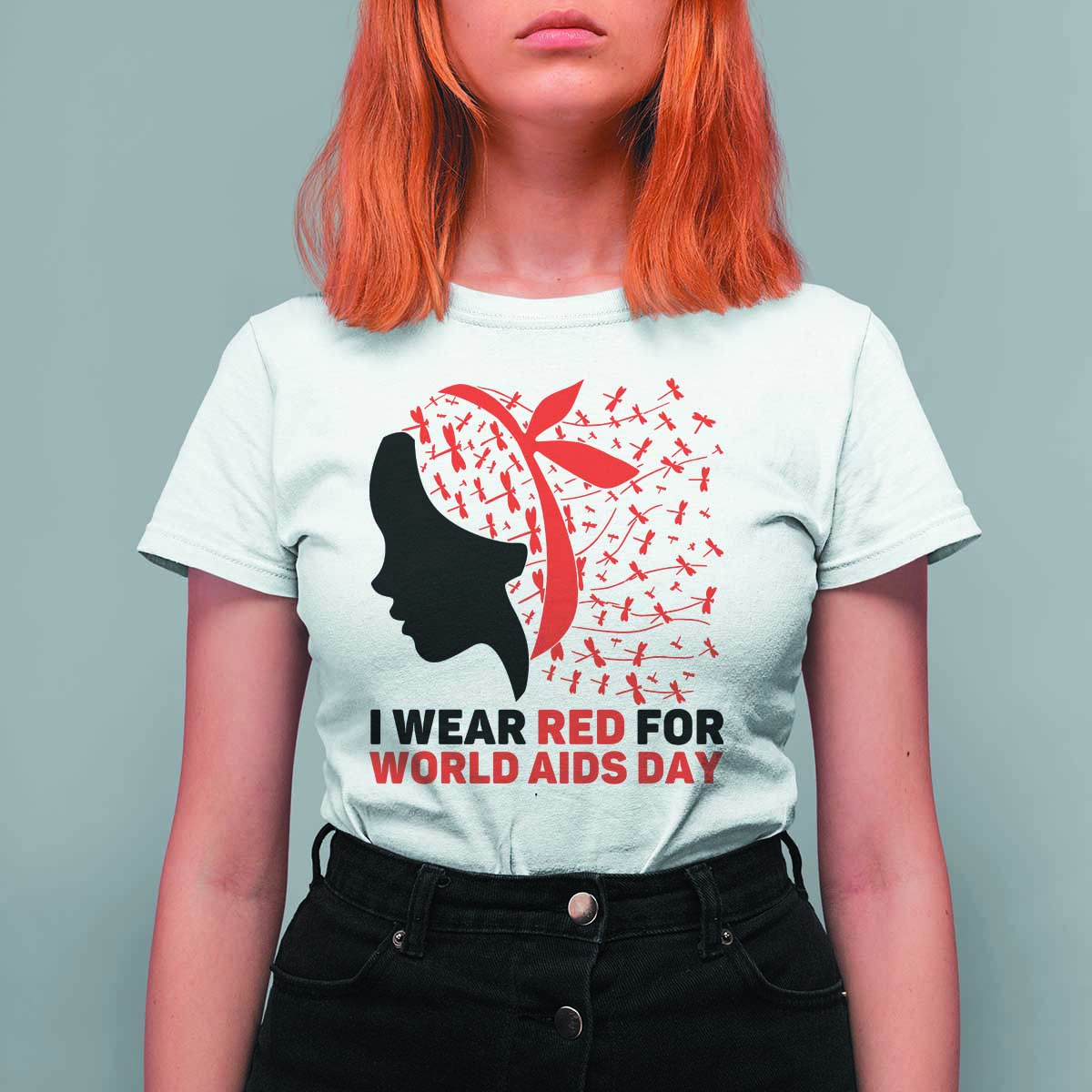I Wear Red For World AIDS Day T Shirt For Women HIV Awareness Dragonfly Support Gift - Wonder Print Shop