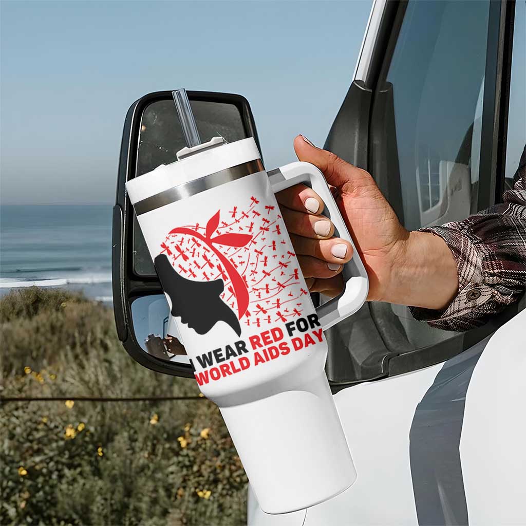 I Wear Red For World AIDS Day Tumbler With Handle HIV Awareness Dragonfly Support Gift - Wonder Print Shop
