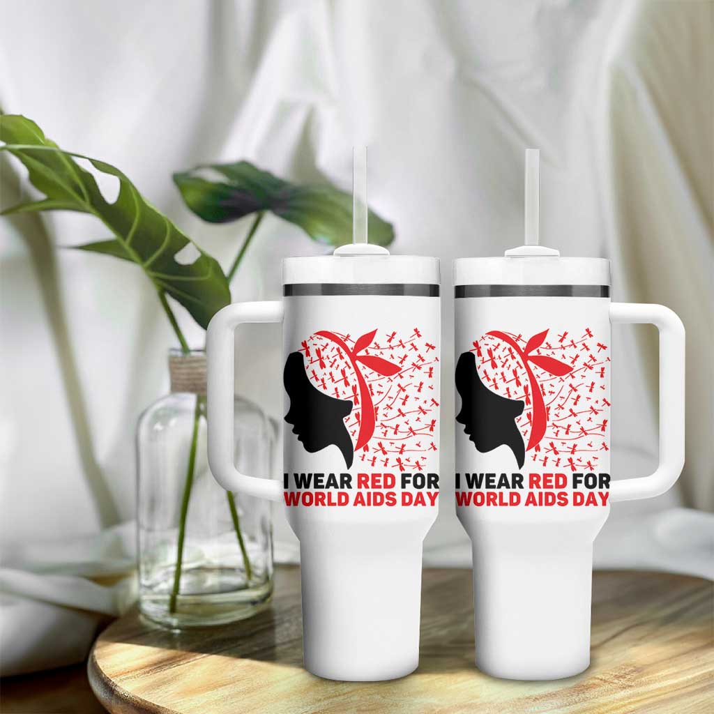 I Wear Red For World AIDS Day Tumbler With Handle HIV Awareness Dragonfly Support Gift - Wonder Print Shop