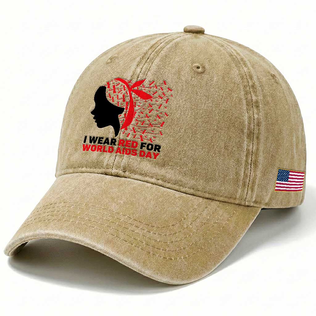 I Wear Red For World AIDS Day Washed Cotton Baseball Cap HIV Awareness Dragonfly Support Gift