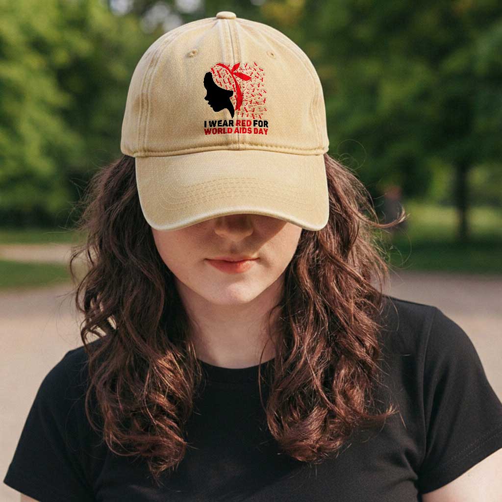 I Wear Red For World AIDS Day Washed Cotton Baseball Cap HIV Awareness Dragonfly Support Gift