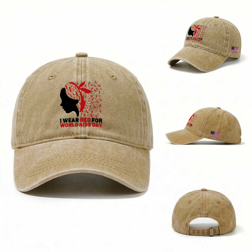 I Wear Red For World AIDS Day Washed Cotton Baseball Cap HIV Awareness Dragonfly Support Gift