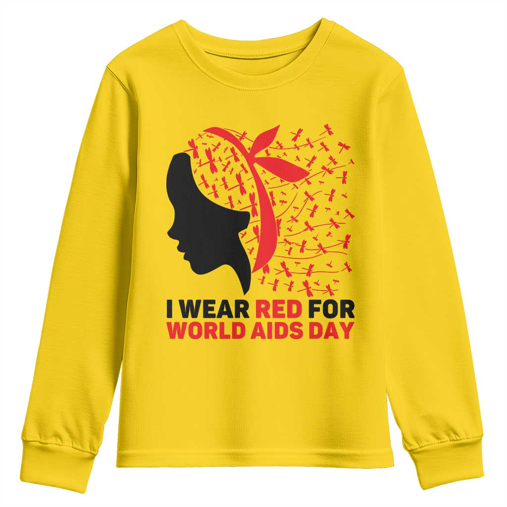 I Wear Red For World AIDS Day Youth Sweatshirt HIV Awareness Dragonfly Support Gift - Wonder Print Shop